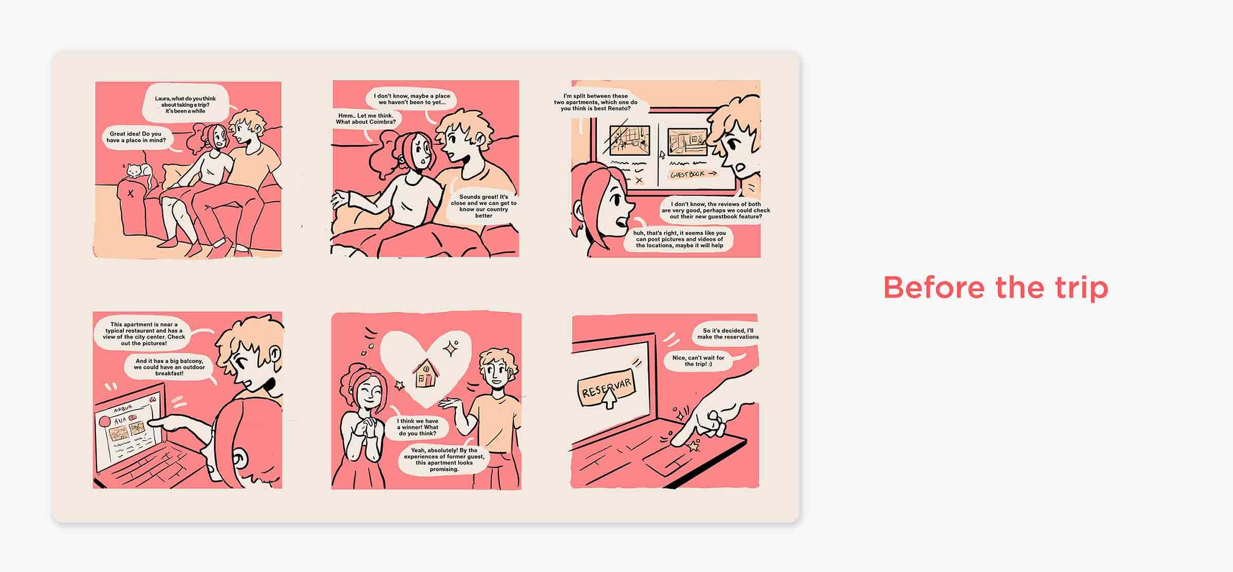 Cartoon of a couple using the app before the trip