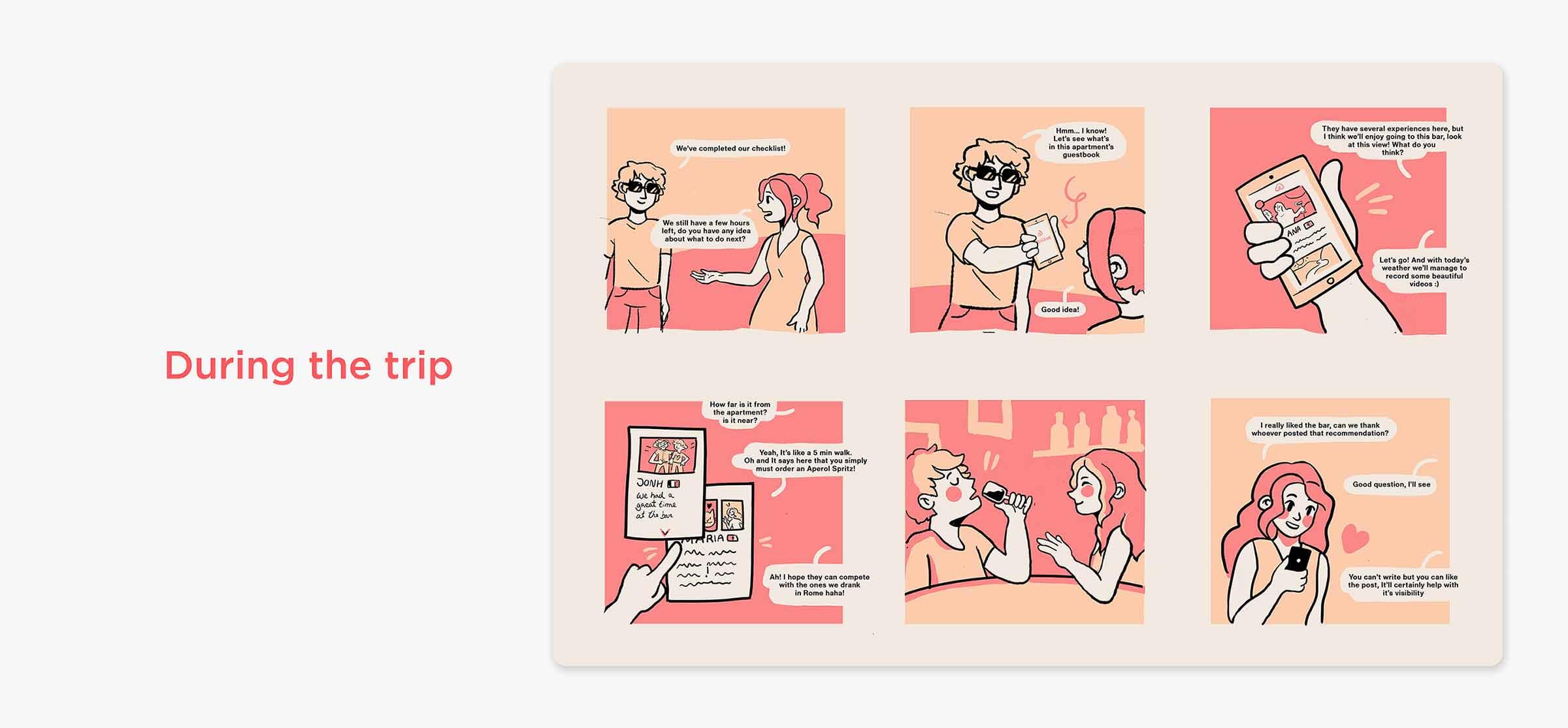 Cartoon of a couple using the app during the trip