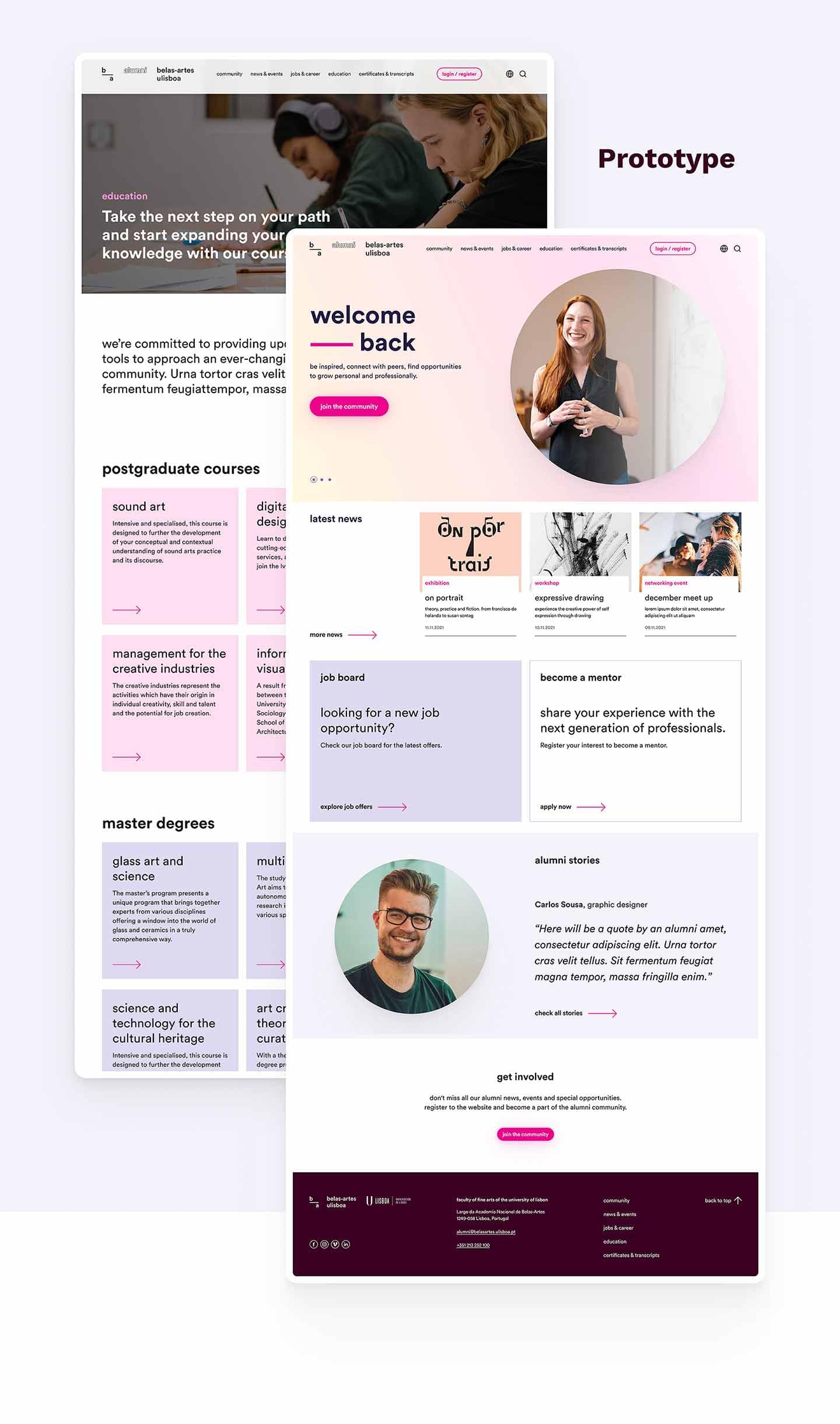 homepage and education page mockups