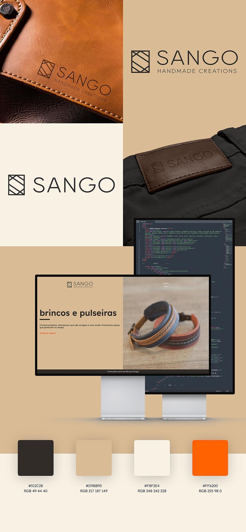 Logo applied on leather | E-commerce landing page on screen and HTML code behind | Brand colors