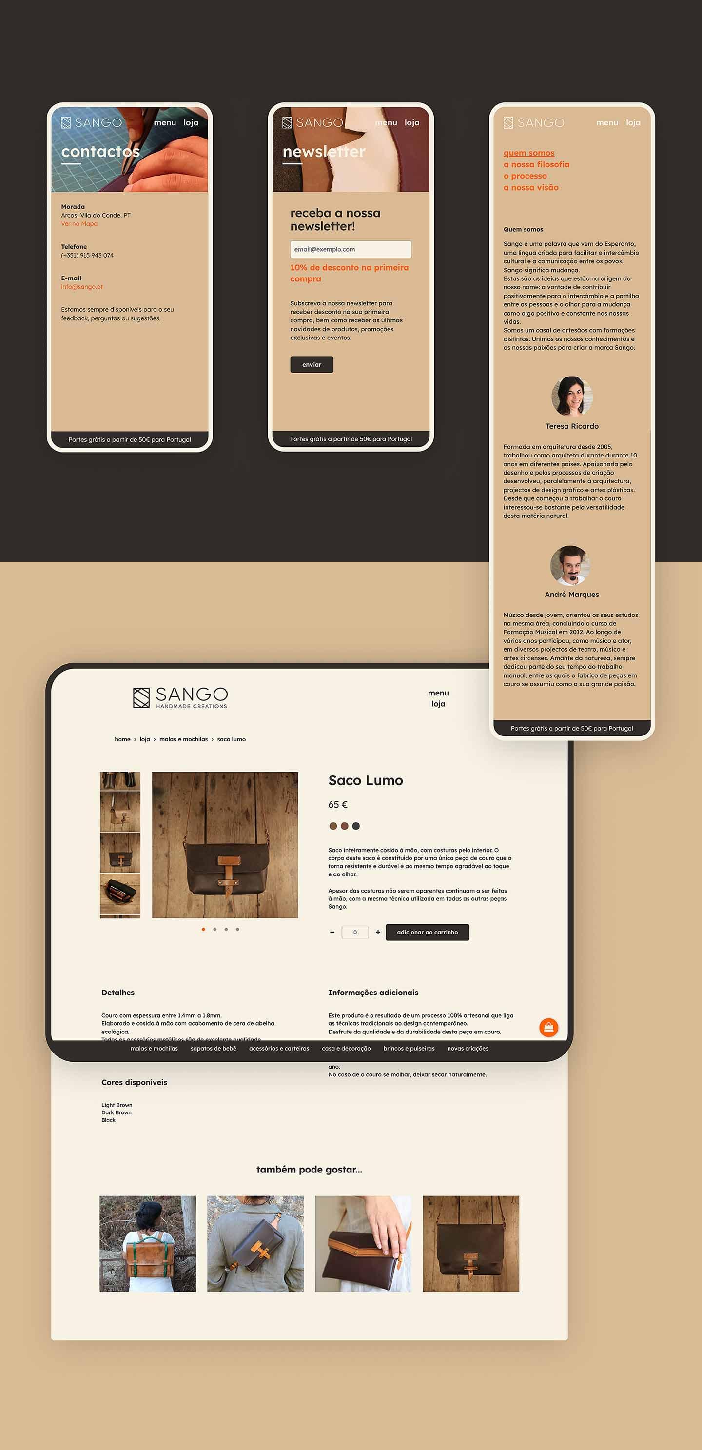 Contacts, Newsletter, About and Product detail screens